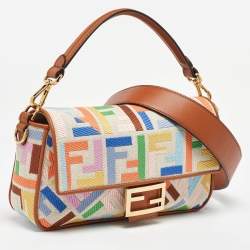 Pre Owned Fendi Multicolor Canvas and Leather FF Embroidered Baguette Crossbody Bag