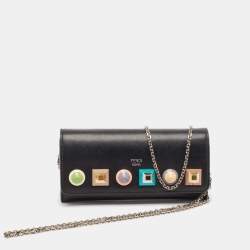 Fendi Black Leather Rainbow Stud Flap Wallet on Chain