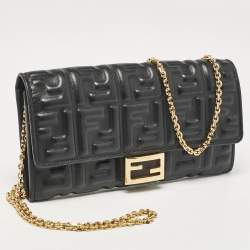 Fendi Black FF Leather Baguette Continental Chain Wallet