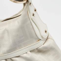 Pre Owned Fendi White Zucca Coated Canvas and Leather Chef Shoulder Bag
