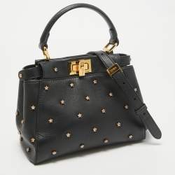 Fendi Black Leather Extra Small Crystal Peekaboo Top Handle Bag