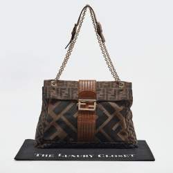 Fendi Tobacco Zucca Canvas and Leather Maxi Baguette Flap Shoulder Bag