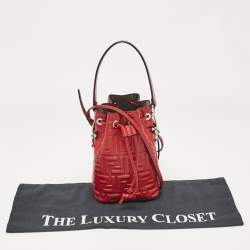 Pre Owned Fendi Red Zucca Leather Mini Mon Tresor Drawstring Bucket Bag