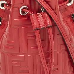 Pre Owned Fendi Red Zucca Leather Mini Mon Tresor Drawstring Bucket Bag