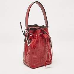 Pre Owned Fendi Red Zucca Leather Mini Mon Tresor Drawstring Bucket Bag