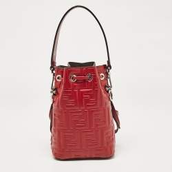 Pre Owned Fendi Red Zucca Leather Mini Mon Tresor Drawstring Bucket Bag