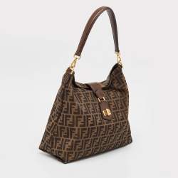 Pre Owned Fendi Tobacco Zucca Canvas and Leather Clasp Shoulder Bag