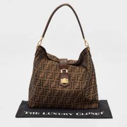 Pre Owned Fendi Tobacco Zucca Canvas and Leather Clasp Shoulder Bag