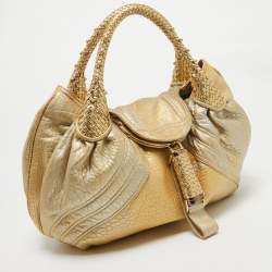 Pre Owned Fendi Metallic Gold Holographic Textured Leather Spy Hobo