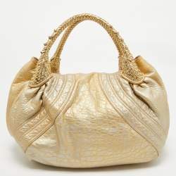 Pre Owned Fendi Metallic Gold Holographic Textured Leather Spy Hobo