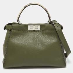 Pre Owned Fendi Green Leather and Python Medium Peekaboo Top Handle Bag
