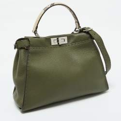 Pre Owned Fendi Green Leather and Python Medium Peekaboo Top Handle Bag