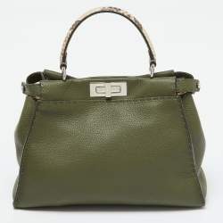 Pre Owned Fendi Green Leather and Python Medium Peekaboo Top Handle Bag