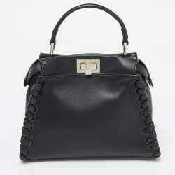 Fendi Black Leather Mini Whipstitched Peekaboo Top Handle Bag