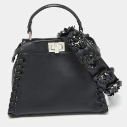 Fendi Black Leather Mini Whipstitched Peekaboo Top Handle Bag