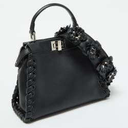 Fendi Black Leather Mini Whipstitched Peekaboo Top Handle Bag