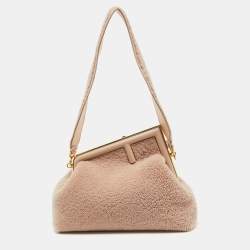 Fendi Beige Shearling Fur Fendi First Midi Shoulder Bag