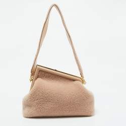 Fendi Beige Shearling Fur Fendi First Midi Shoulder Bag