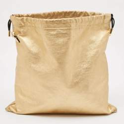 Fendi Gold Leather Logo Drawstring Shoulder Bag