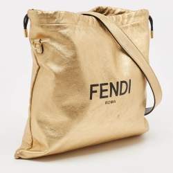 Fendi Gold Leather Logo Drawstring Shoulder Bag