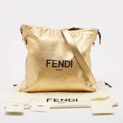 Fendi Gold Leather Logo Drawstring Shoulder Bag