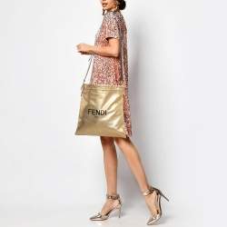 Fendi Gold Leather Logo Drawstring Shoulder Bag