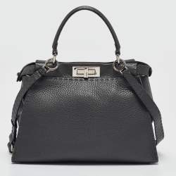 Fendi Dark Grey Leather Medium Peekaboo Top Handle Bag