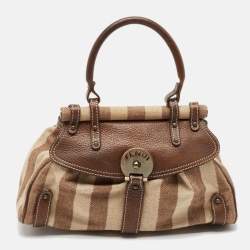 Fendi Brown/Beige Stripe Canvas and Leather Magic Top Handle Bag