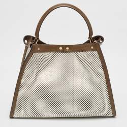 مملوكة مسبقًا Fendi Khaki/White Perforated Leather Large X Lite Peekaboo Top Handle Bag