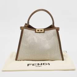 مملوكة مسبقًا Fendi Khaki/White Perforated Leather Large X Lite Peekaboo Top Handle Bag
