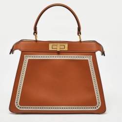 Fendi Brown Leather Embroidered Medium Peekaboo Iseeu Top Handle Bag