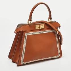 Fendi Brown Leather Embroidered Medium Peekaboo Iseeu Top Handle Bag