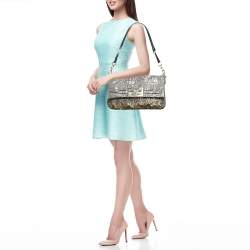 Pre Owned Fendi Metallic Zucca Lurex Fabric Large Mia Flap Shoulder Bag