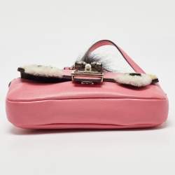 Pre Owned Fendi Pink Leather and Fur Trim Micro Buggie Baguette Crossbody Bag