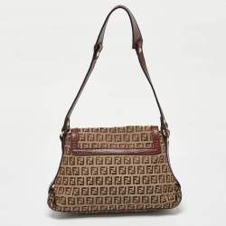 Pre Owned Fendi Brown/Beige Zucchino Canvas and Leather Flap Shoulder Bag