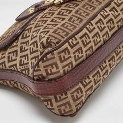 Pre Owned Fendi Brown/Beige Zucchino Canvas and Leather Flap Shoulder Bag