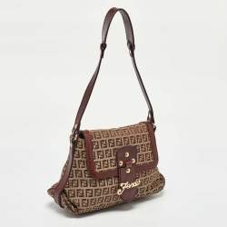 Pre Owned Fendi Brown/Beige Zucchino Canvas and Leather Flap Shoulder Bag