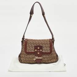 Pre Owned Fendi Brown/Beige Zucchino Canvas and Leather Flap Shoulder Bag