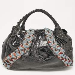 Fendi Black Patent Leather Beads Embellished Spy Hobo