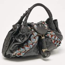 Fendi Black Patent Leather Beads Embellished Spy Hobo