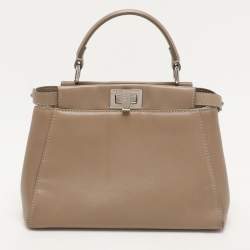 Pre Owned Fendi Beige Leather Mini Peekaboo Top Handle Bag