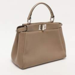 Pre Owned Fendi Beige Leather Mini Peekaboo Top Handle Bag