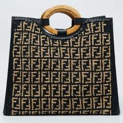 Pre Owned Fendi Black/Natural FF Raffia and Leather Large Runaway Shopper Tote