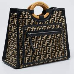 Pre Owned Fendi Black/Natural FF Raffia and Leather Large Runaway Shopper Tote