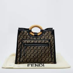 Pre Owned Fendi Black/Natural FF Raffia and Leather Large Runaway Shopper Tote