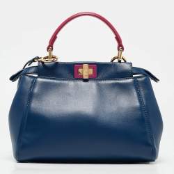 Pre Owned Fendi Blue/Pink Leather Mini Peekaboo Top Handle Bag