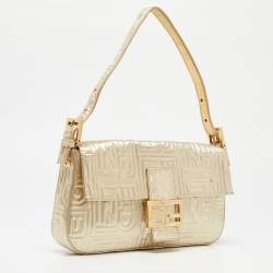 Fendi Gold Logo Embossed Fabric Baguette Flap Bag
