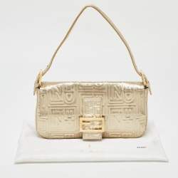 Fendi Gold Logo Embossed Fabric Baguette Flap Bag