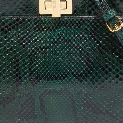 Pre Owned Fendi Green/Black Python Mini Peekaboo Top Handle Bag