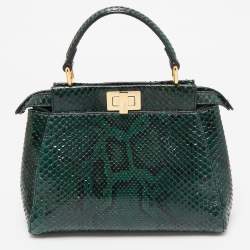 Pre Owned Fendi Green/Black Python Mini Peekaboo Top Handle Bag